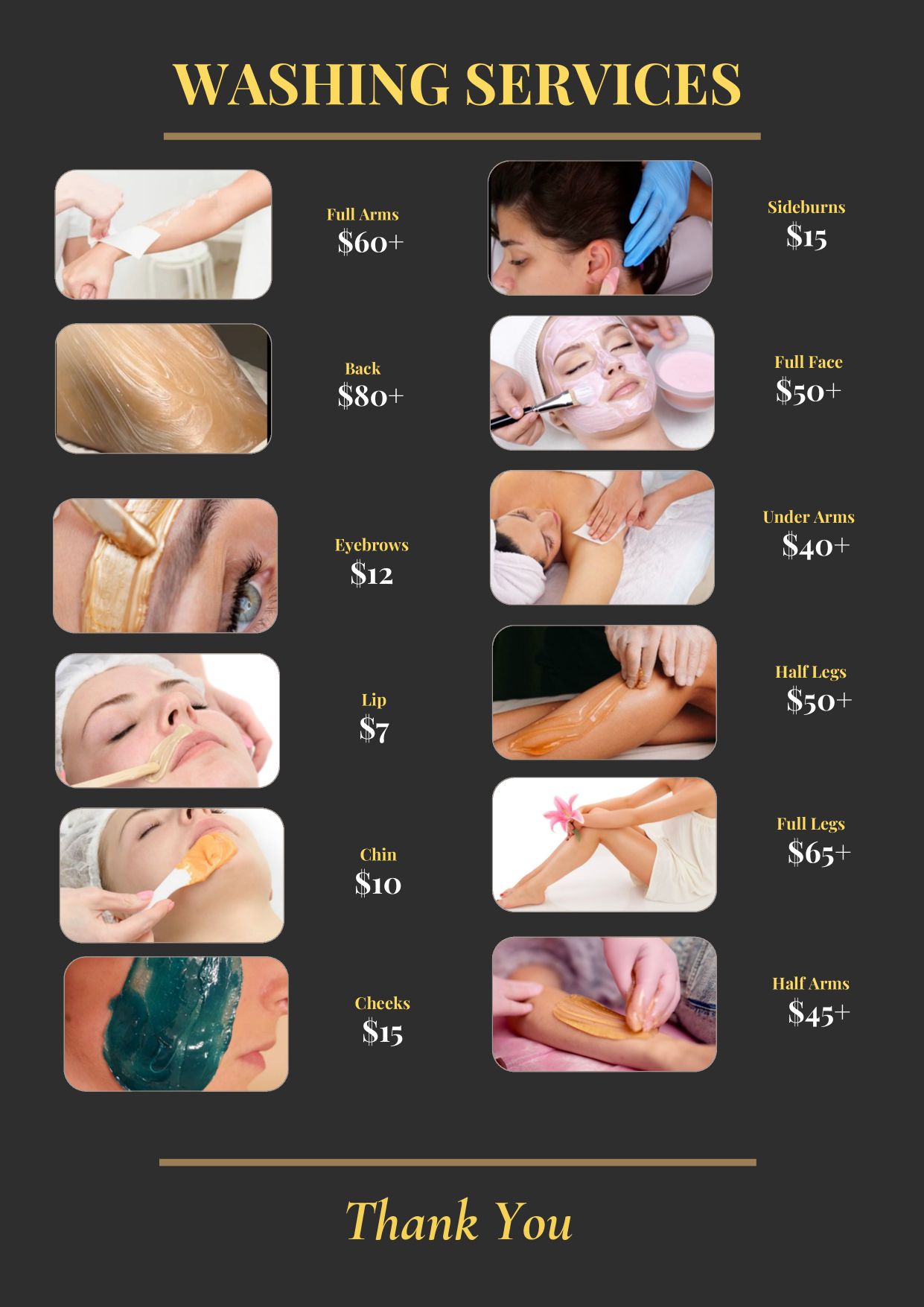 In-salon menu page 6 — waxing services and prices