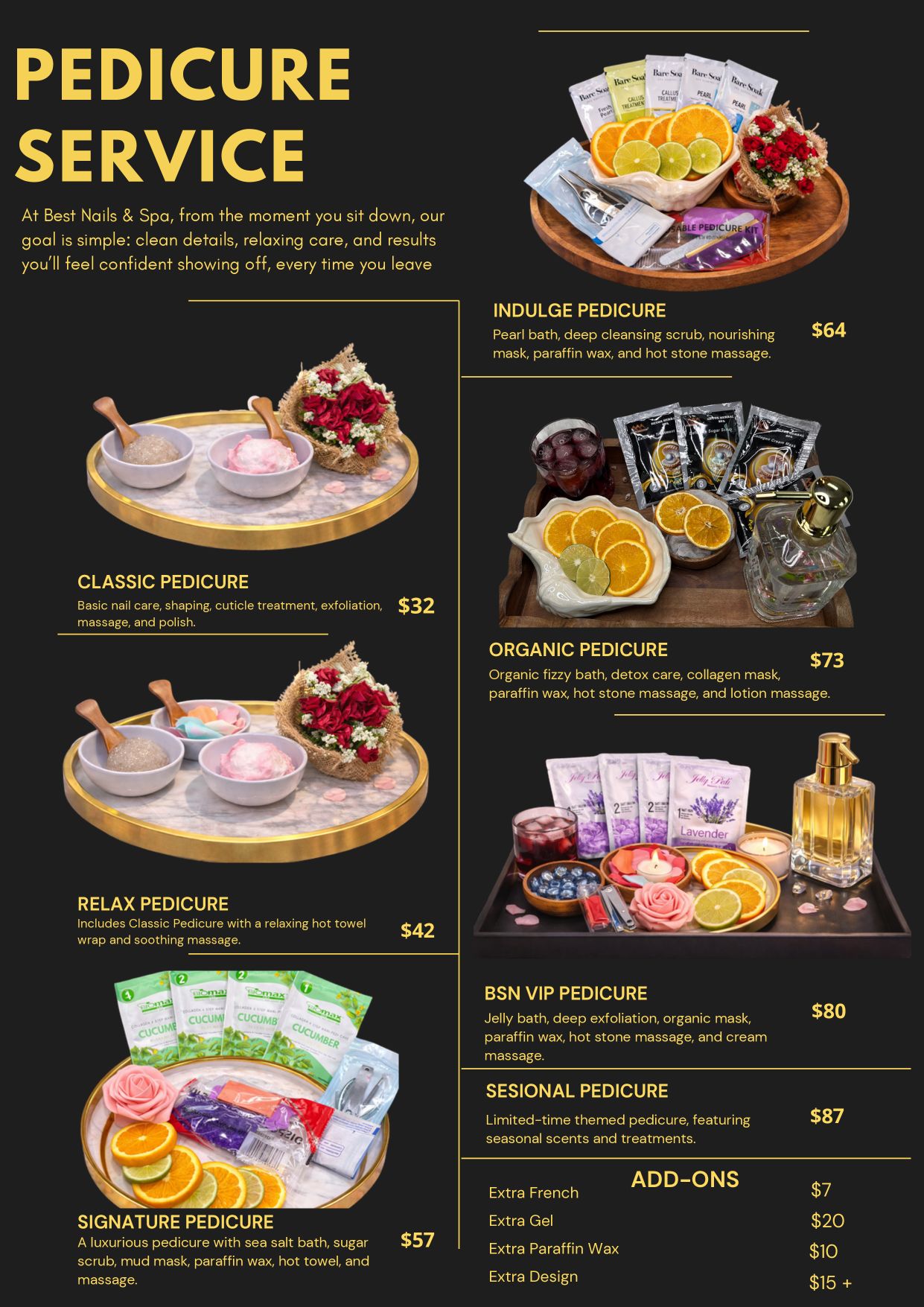 In-salon menu page 4 — full pedicure services and add-ons