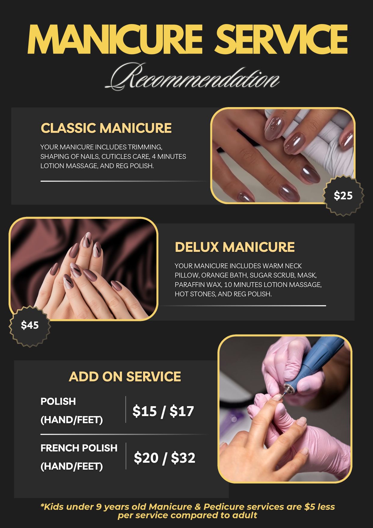 In-salon menu page 2 — manicure services and prices