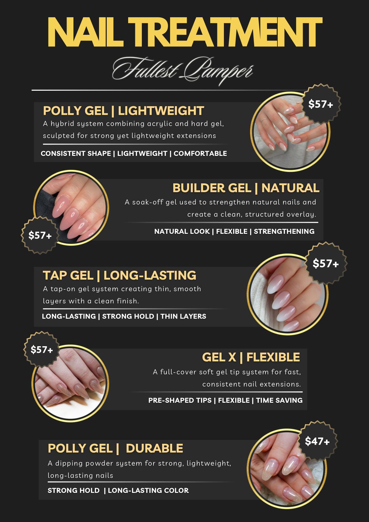In-salon menu page 1 — nail treatments and prices