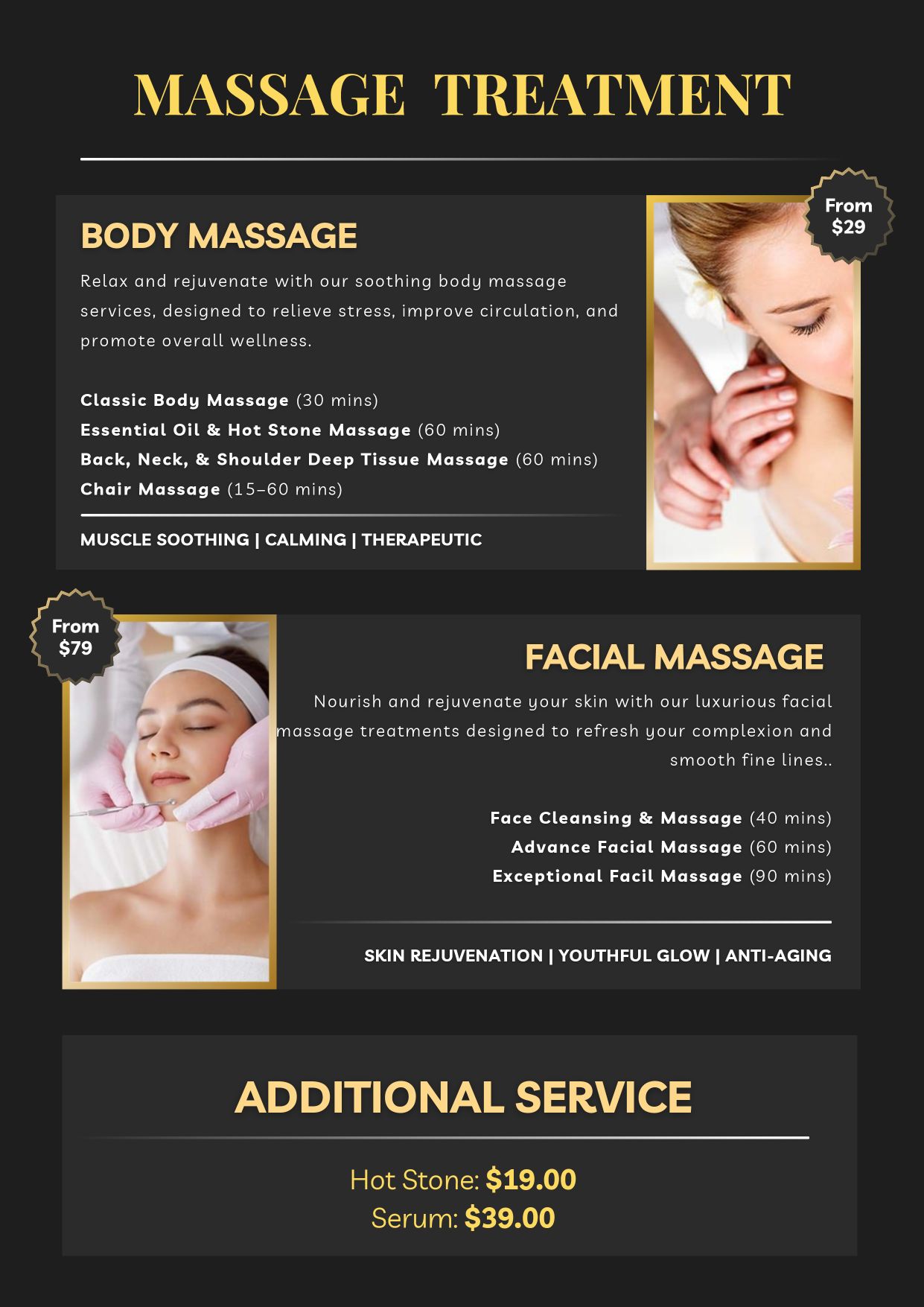 In-salon menu page 7 — massage treatments and additional services